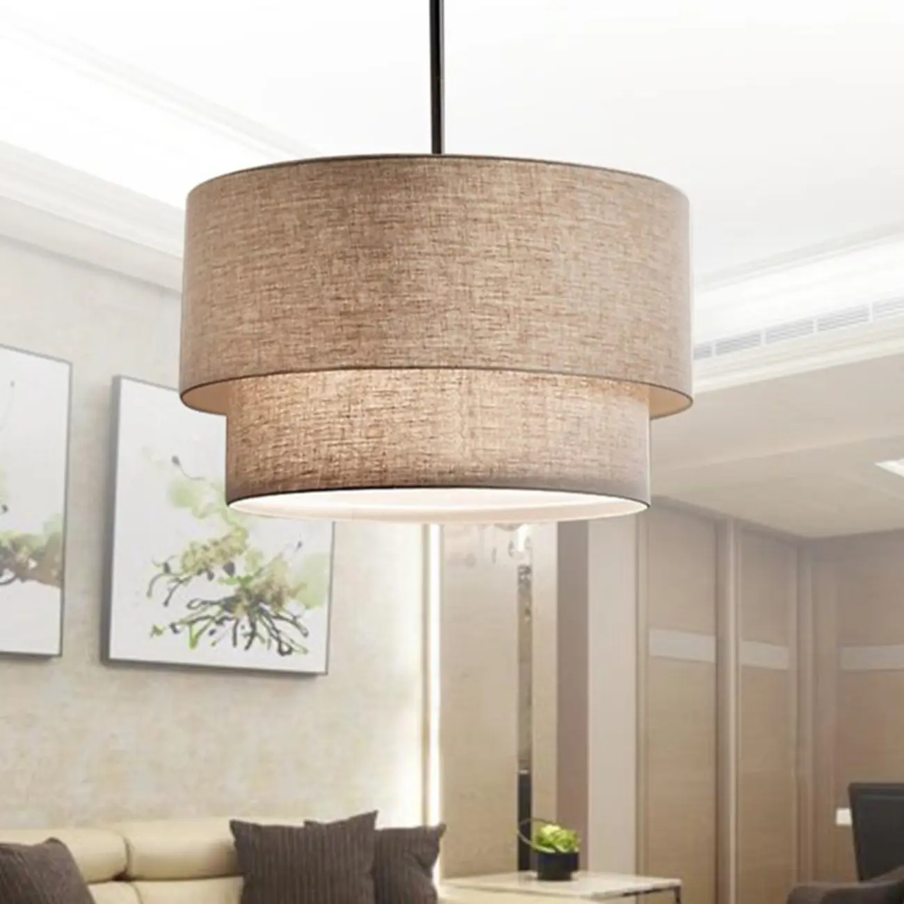 Modern 2 Tiers Fabric Drum Chandeliers for Living Room Image - 6 | homeyfad