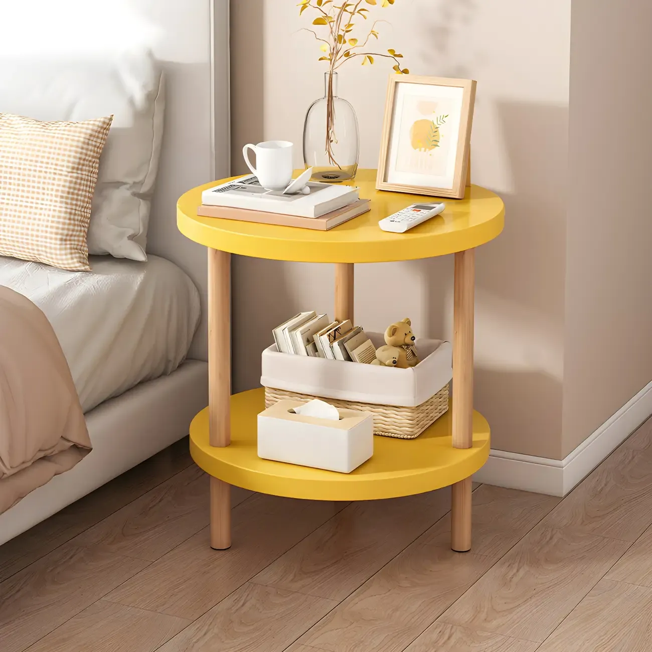Contemporary Wood Small Round Bedside Table with Shelf Image - 28