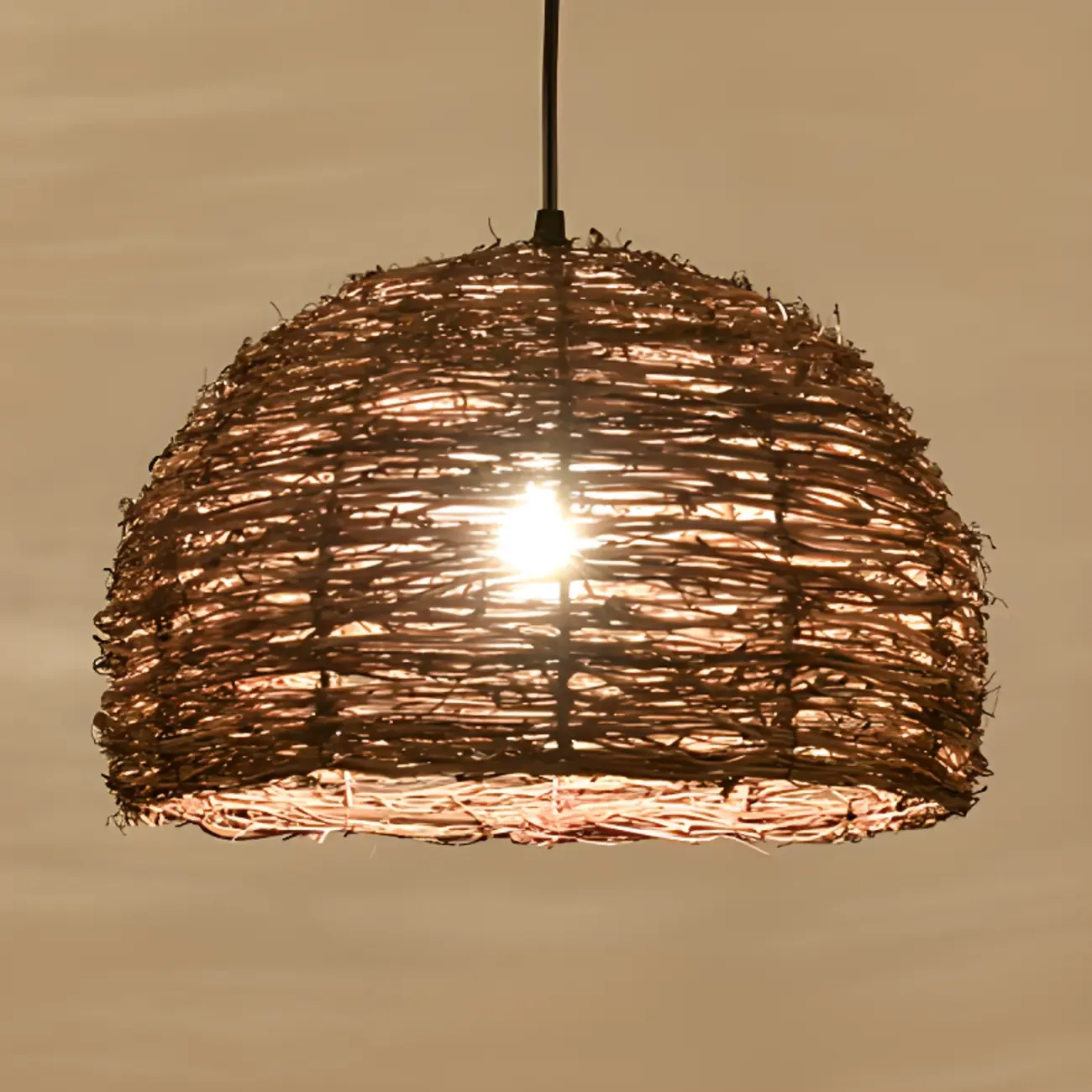 Natural Wood Woven Bowl Pendant Lamp for Indoor Spaces Image - 10