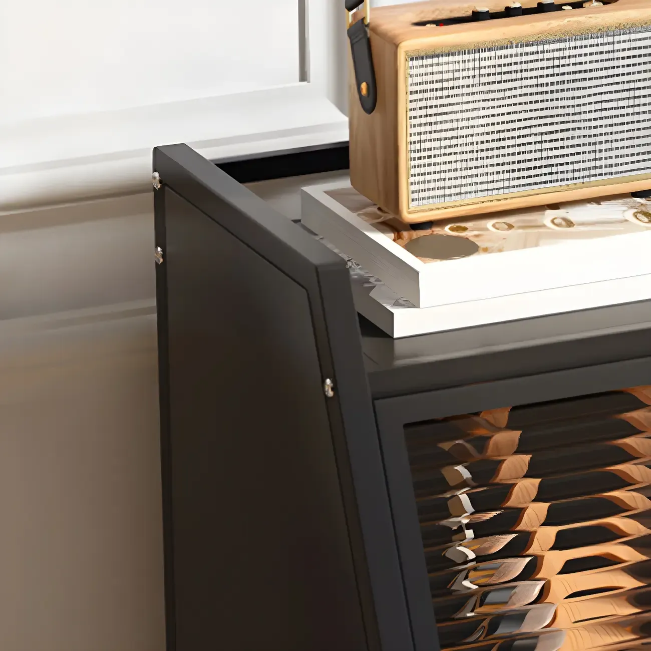 Modish Metal Black Bedside Cabinet with Clear Glass Doors Image - 5