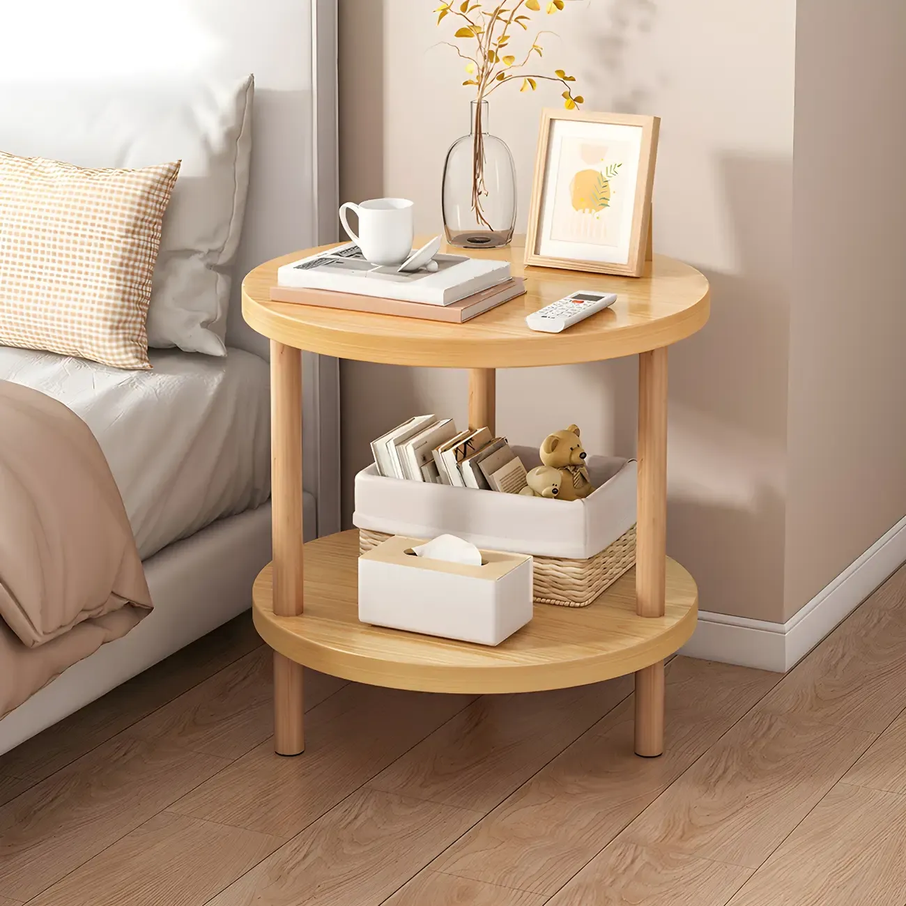 Contemporary Wood Small Round Bedside Table with Shelf | HomeyFad