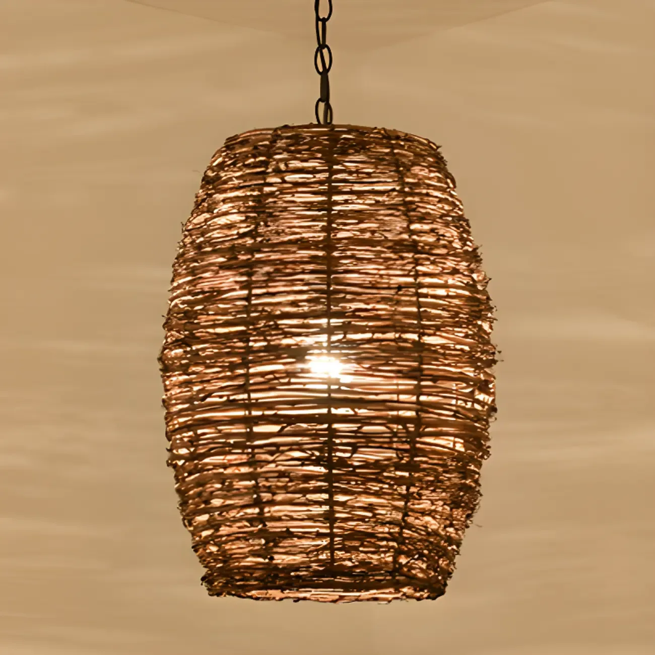 Natural Wood Woven Bowl Pendant Lamp for Indoor Spaces Image - 12