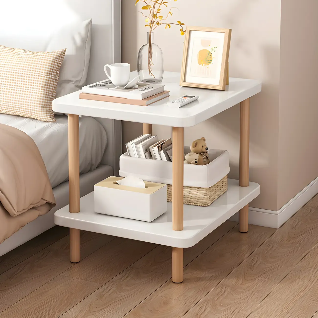 Contemporary Wood Small Round Bedside Table with Shelf Image - 32