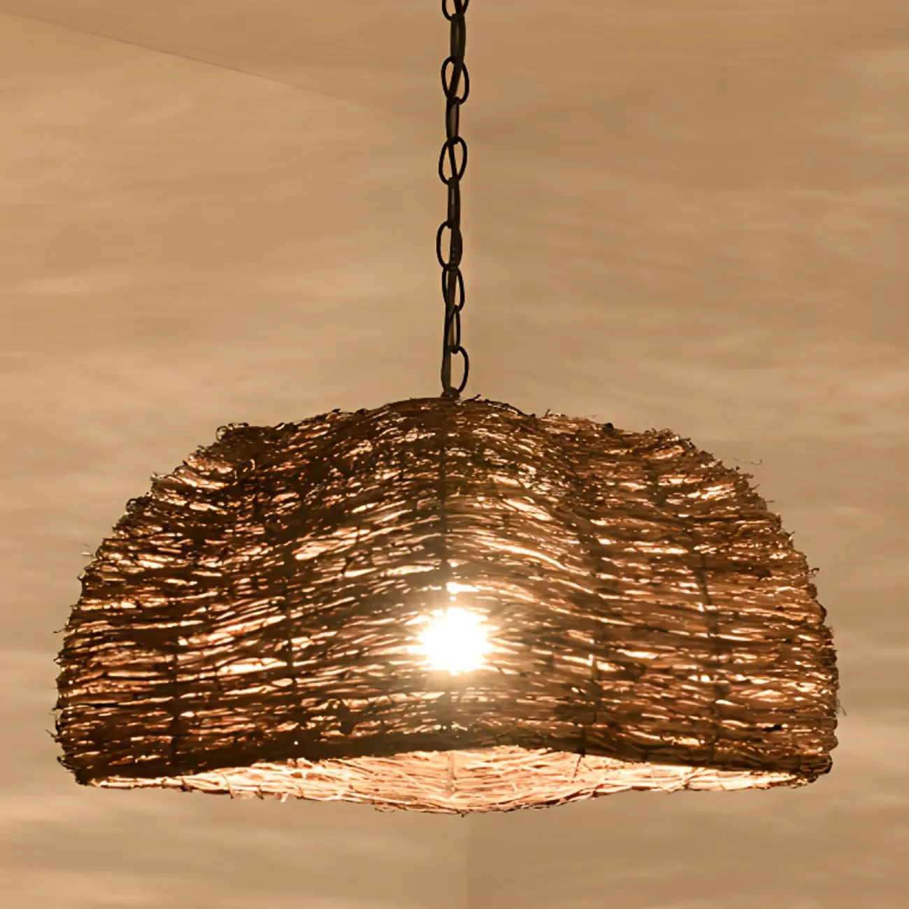Natural Wood Woven Bowl Pendant Lamp for Indoor Spaces Image - 14