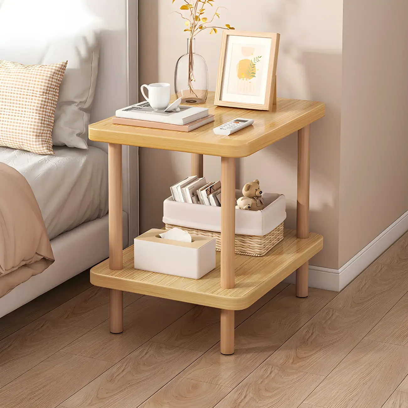 Contemporary Wood Small Round Bedside Table with Shelf Image - 34