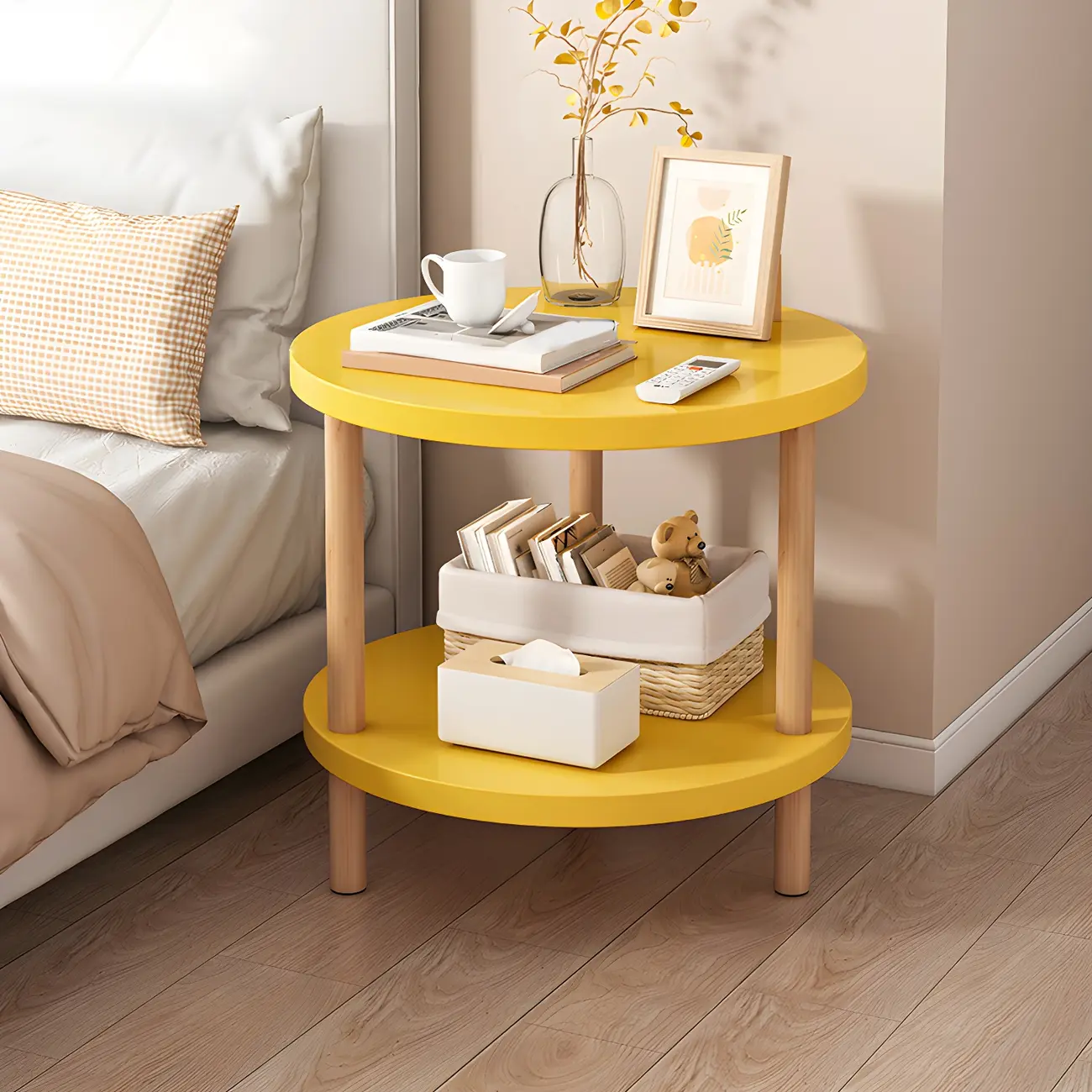 Contemporary Wood Small Round Bedside Table with Shelf Image - 35 | homeyfad