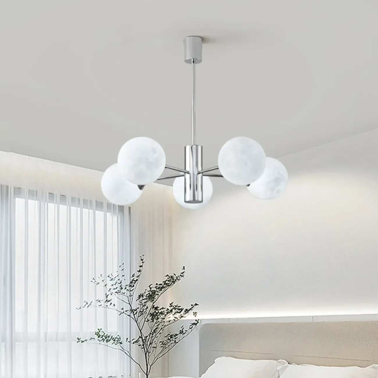Modern Chrome Sputnik Chandelier with Globe Lampshade Image - 2