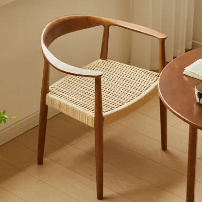 Modern Rustic Curved Arm Wooden Dining Chair with Woven Seat Image - 1