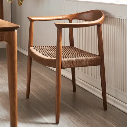 Modern Rustic Curved Arm Wooden Dining Chair with Woven Seat Image - 2