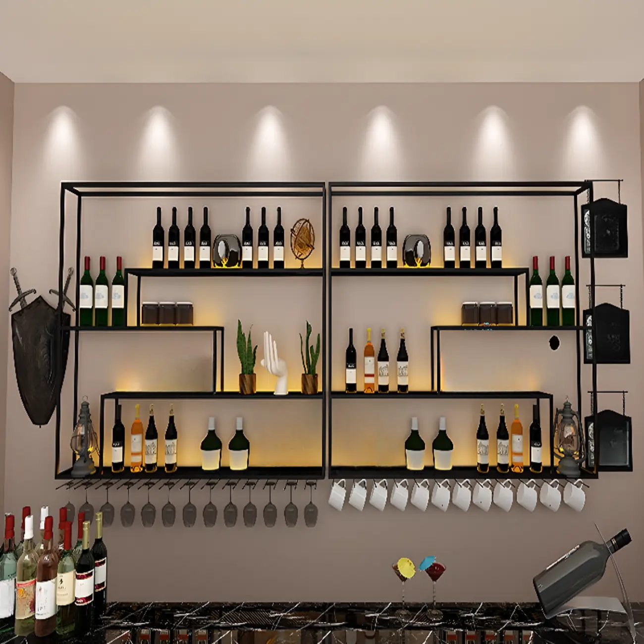 Industrial Black Rectangular Metal Wall Mount  Wine Rack Image - 2 | homeyfad