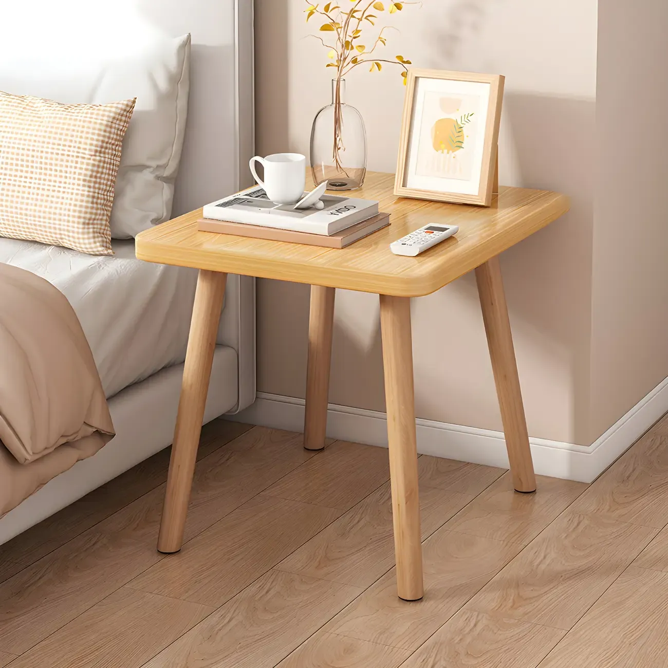 Contemporary Wood Small Round Bedside Table with Shelf Image - 37