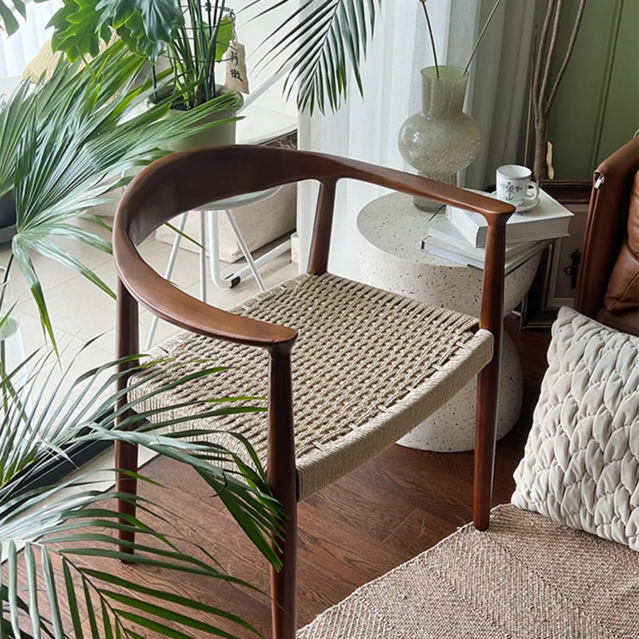 Modern Rustic Curved Arm Wooden Dining Chair with Woven Seat Image - 3 | homeyfad