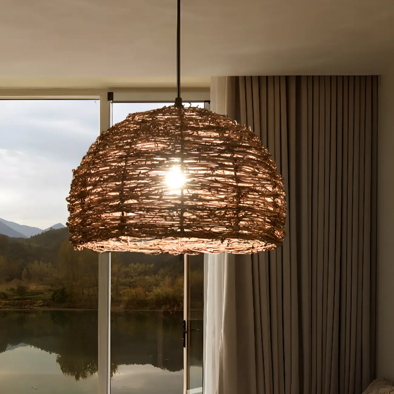 Natural Wood Woven Bowl Pendant Lamp for Indoor Spaces Image - 19