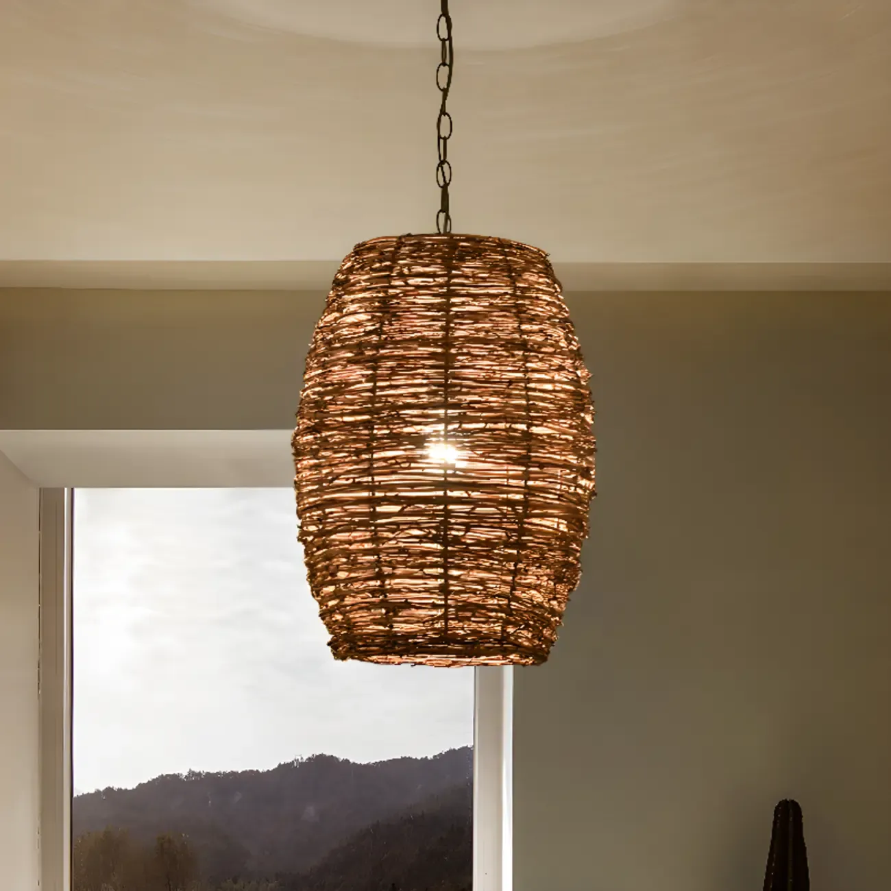 Natural Wood Woven Bowl Pendant Lamp for Indoor Spaces Image - 20