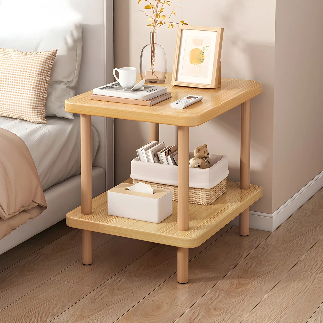 Contemporary Wood Small Round Bedside Table with Shelf Image - 20 | homeyfad