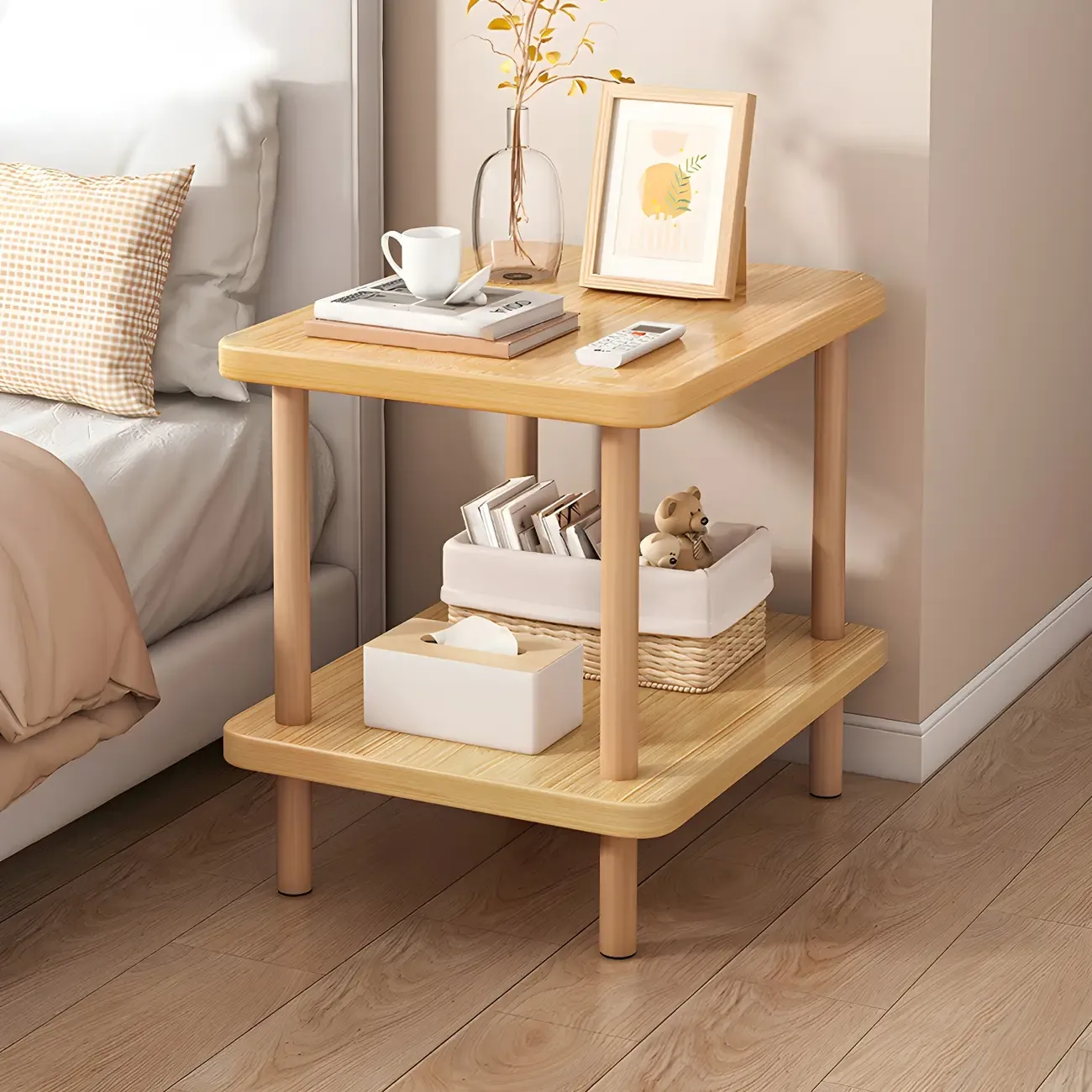Contemporary Wood Small Round Bedside Table with Shelf Image - 20