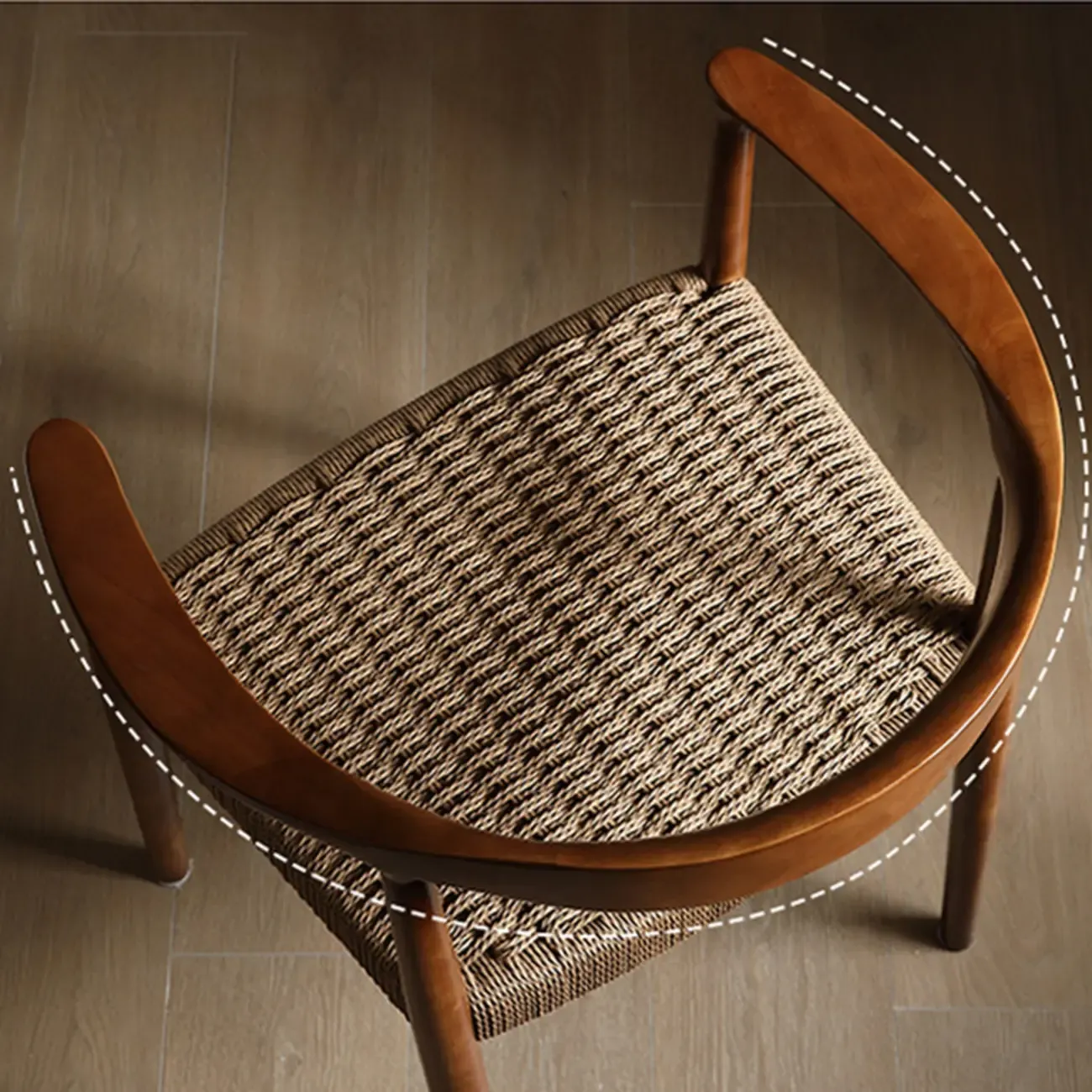 Modern Rustic Curved Arm Wooden Dining Chair with Woven Seat Image - 4