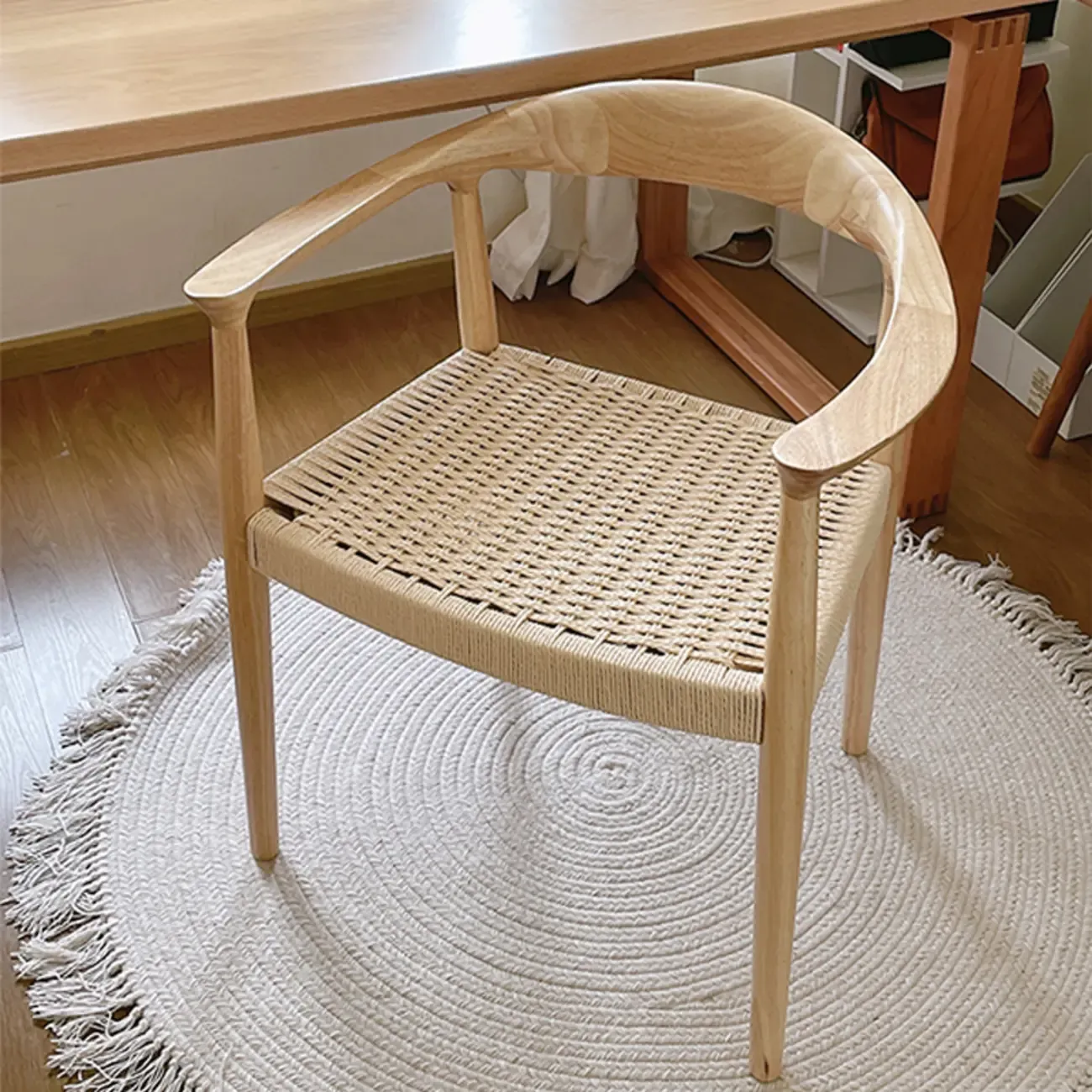 Modern Rustic Curved Arm Wooden Dining Chair with Woven Seat Image - 5