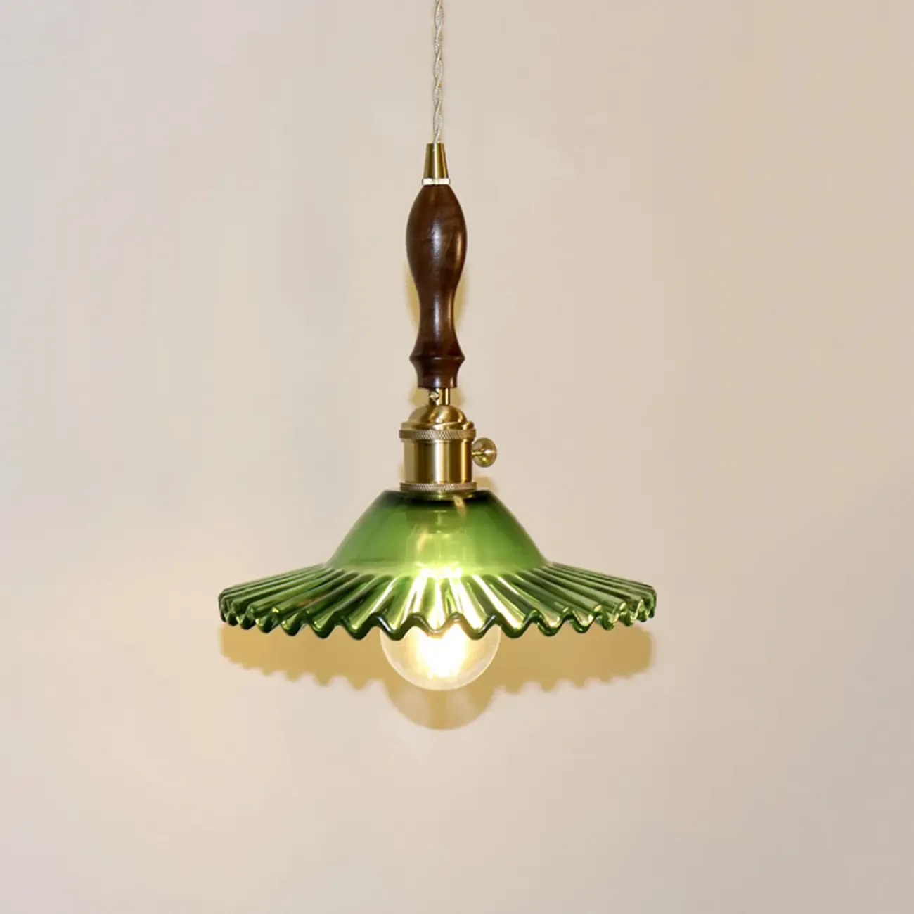 vintage green glass pleated led pendant light for bedroom Image - 8