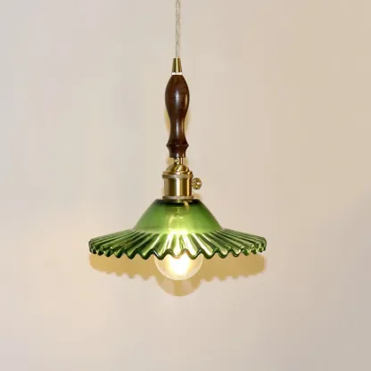vintage green glass pleated led pendant light for bedroom Image - 8