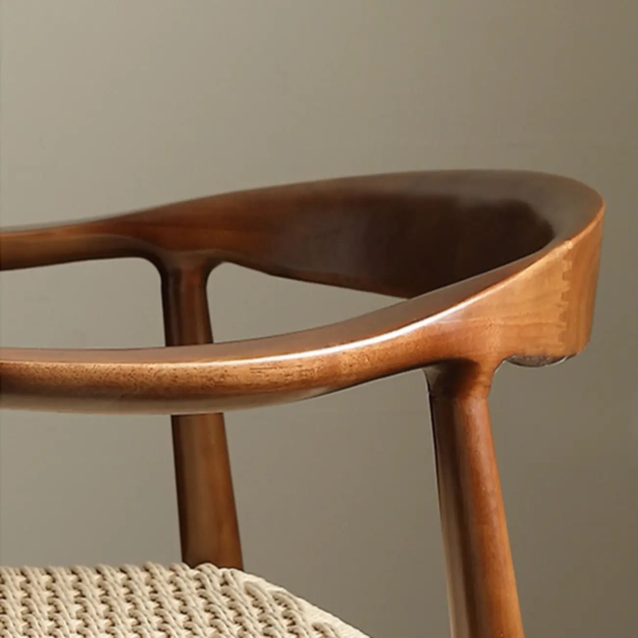 Modern Rustic Curved Arm Wooden Dining Chair with Woven Seat Image - 6 | homeyfad