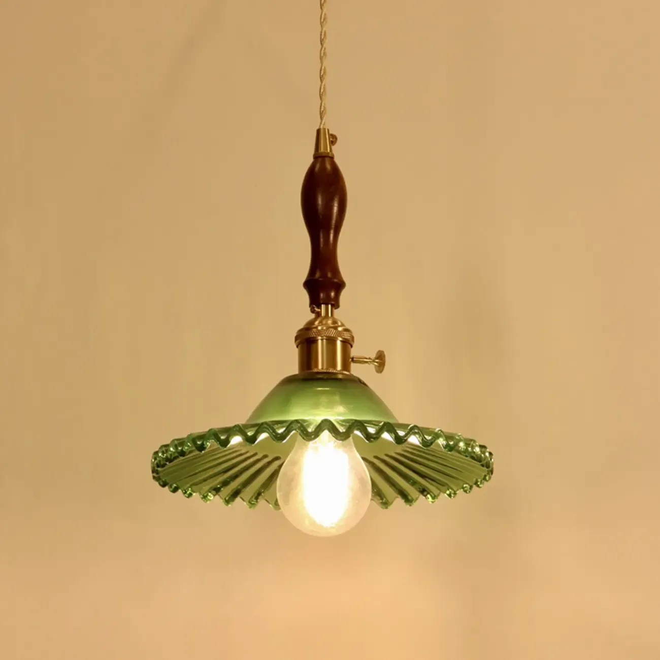 vintage green glass pleated led pendant light for bedroom Image - 9