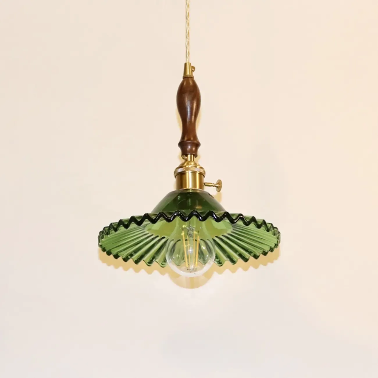 vintage green glass pleated led pendant light for bedroom Image - 10