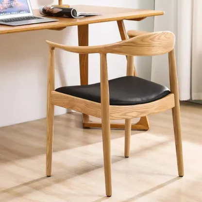 Modern Rustic Curved Arm Wooden Dining Chair with Woven Seat Image - 7