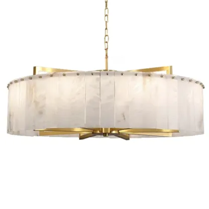 Adjustable Round Marble Chandelier with Sheet Lampshade Image - 5