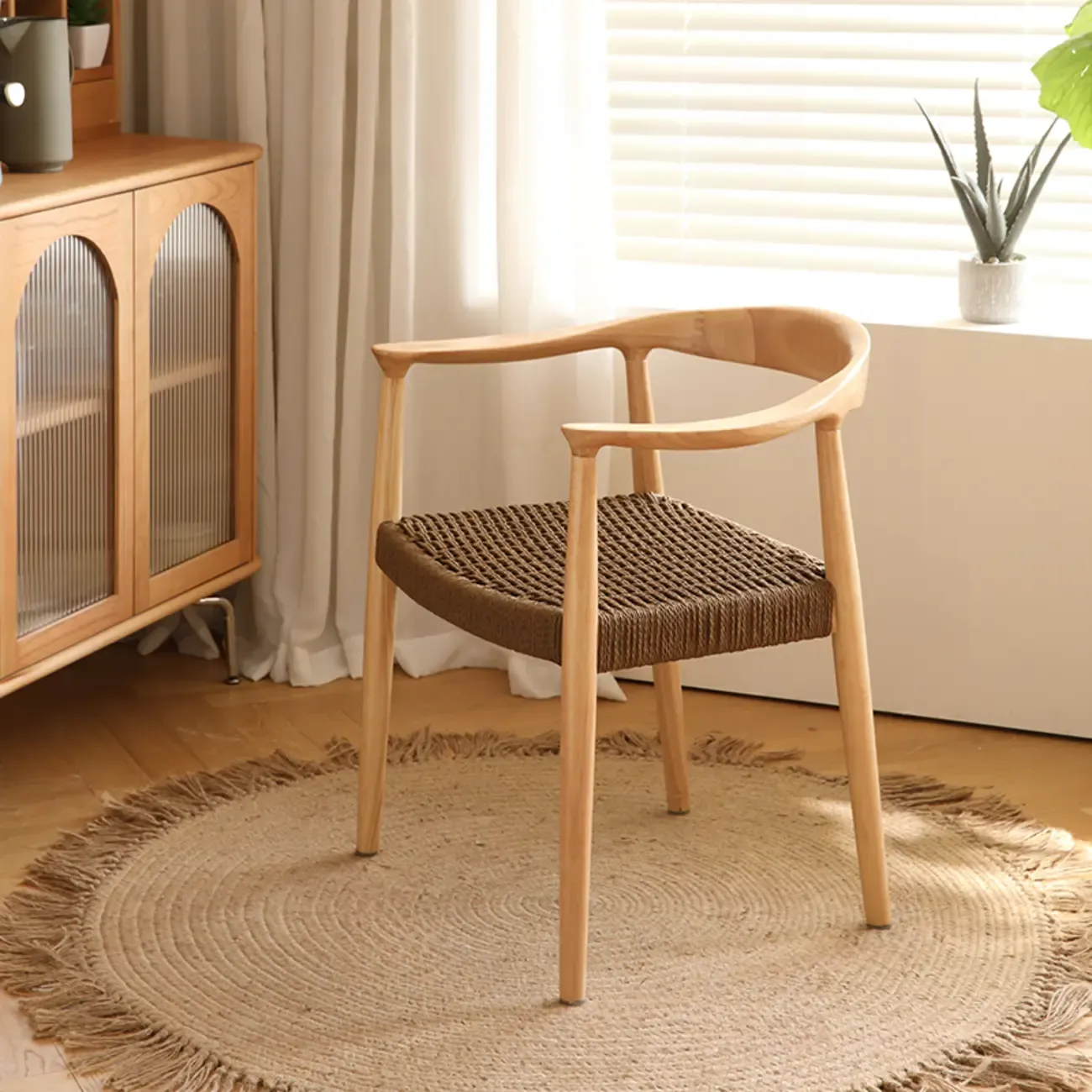 Modern Rustic Curved Arm Wooden Dining Chair with Woven Seat Image - 9