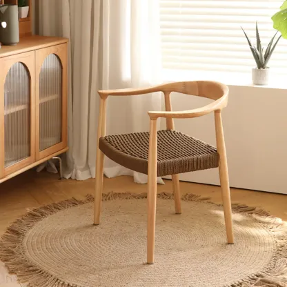 Modern Rustic Curved Arm Wooden Dining Chair with Woven Seat Image - 9