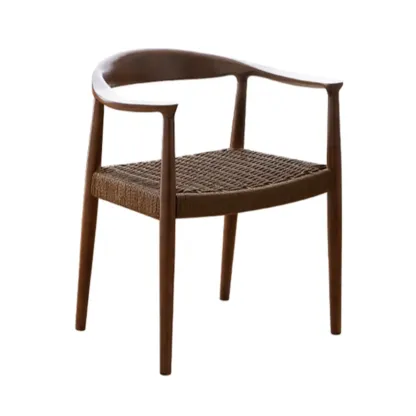 Modern Rustic Curved Arm Wooden Dining Chair with Woven Seat Image - 10