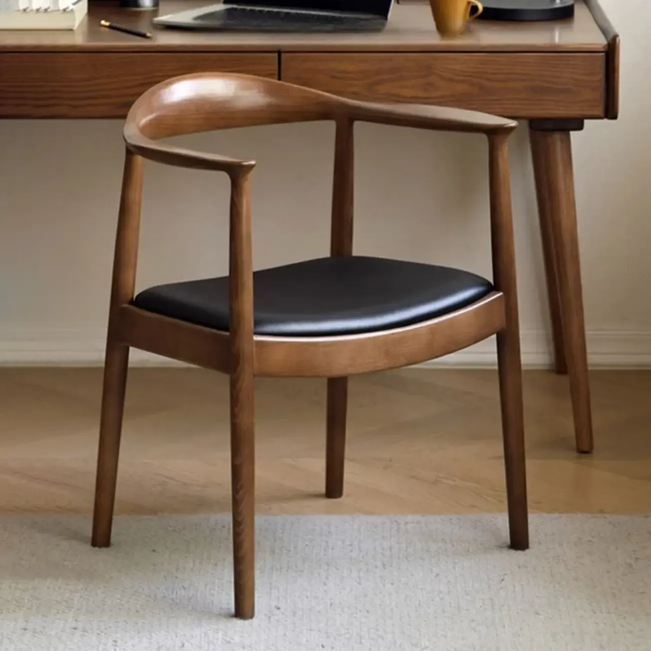 Modern Rustic Curved Arm Wooden Dining Chair with Woven Seat Image - 11