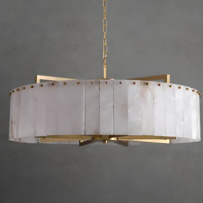 Adjustable Round Marble Chandelier with Sheet Lampshade Image - 7