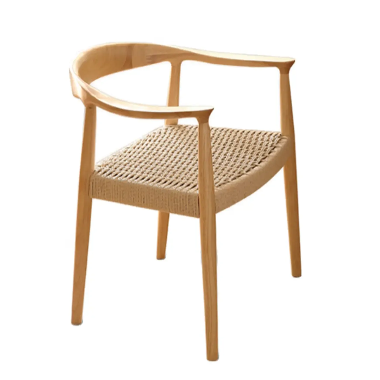Modern Rustic Curved Arm Wooden Dining Chair with Woven Seat Image - 12
