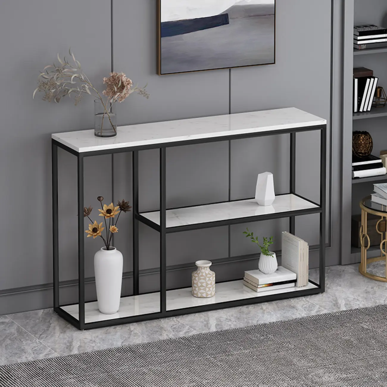 Faux Marble Console Table with Floor Shelves Image - 1 | homeyfad