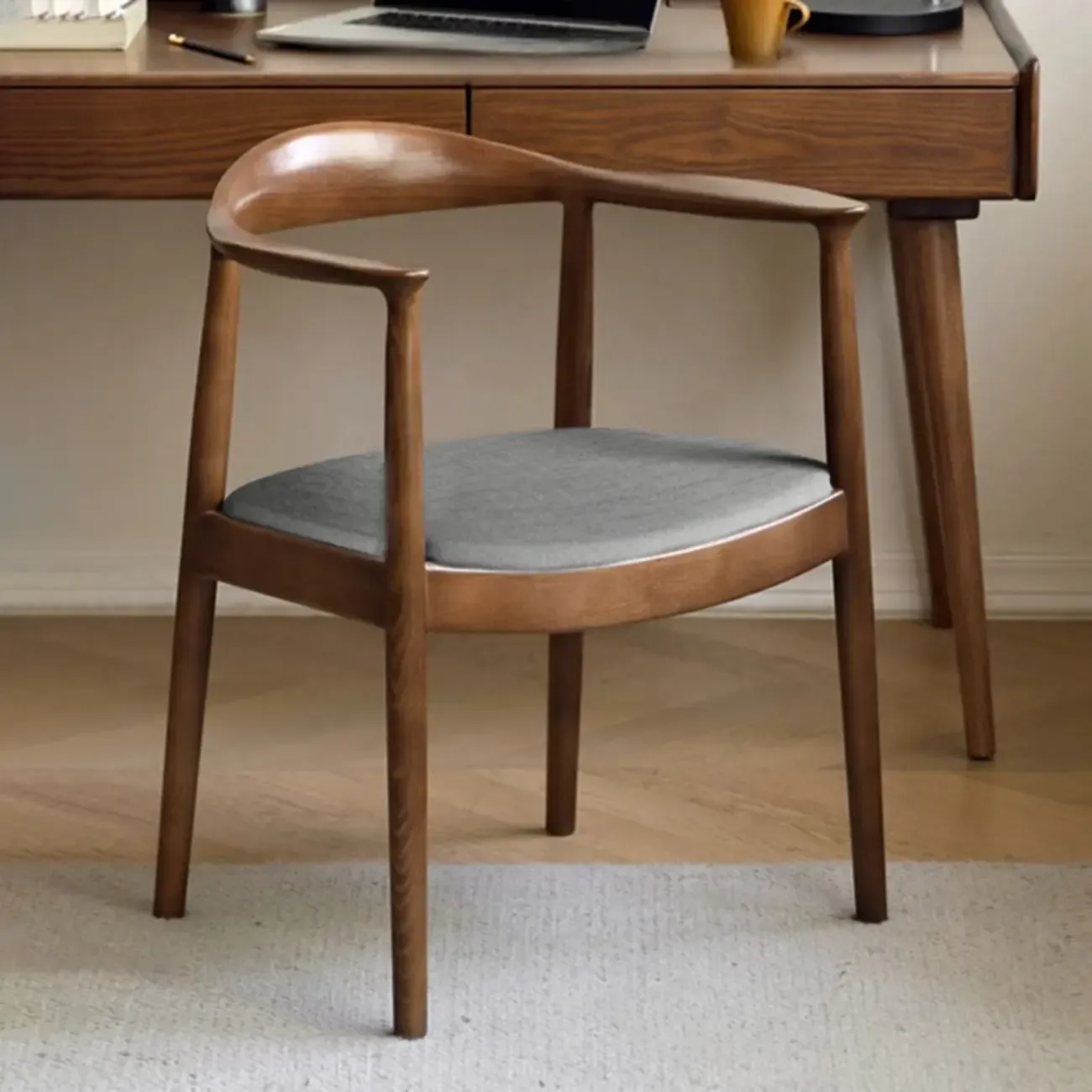 Modern Rustic Curved Arm Wooden Dining Chair with Woven Seat Image - 13