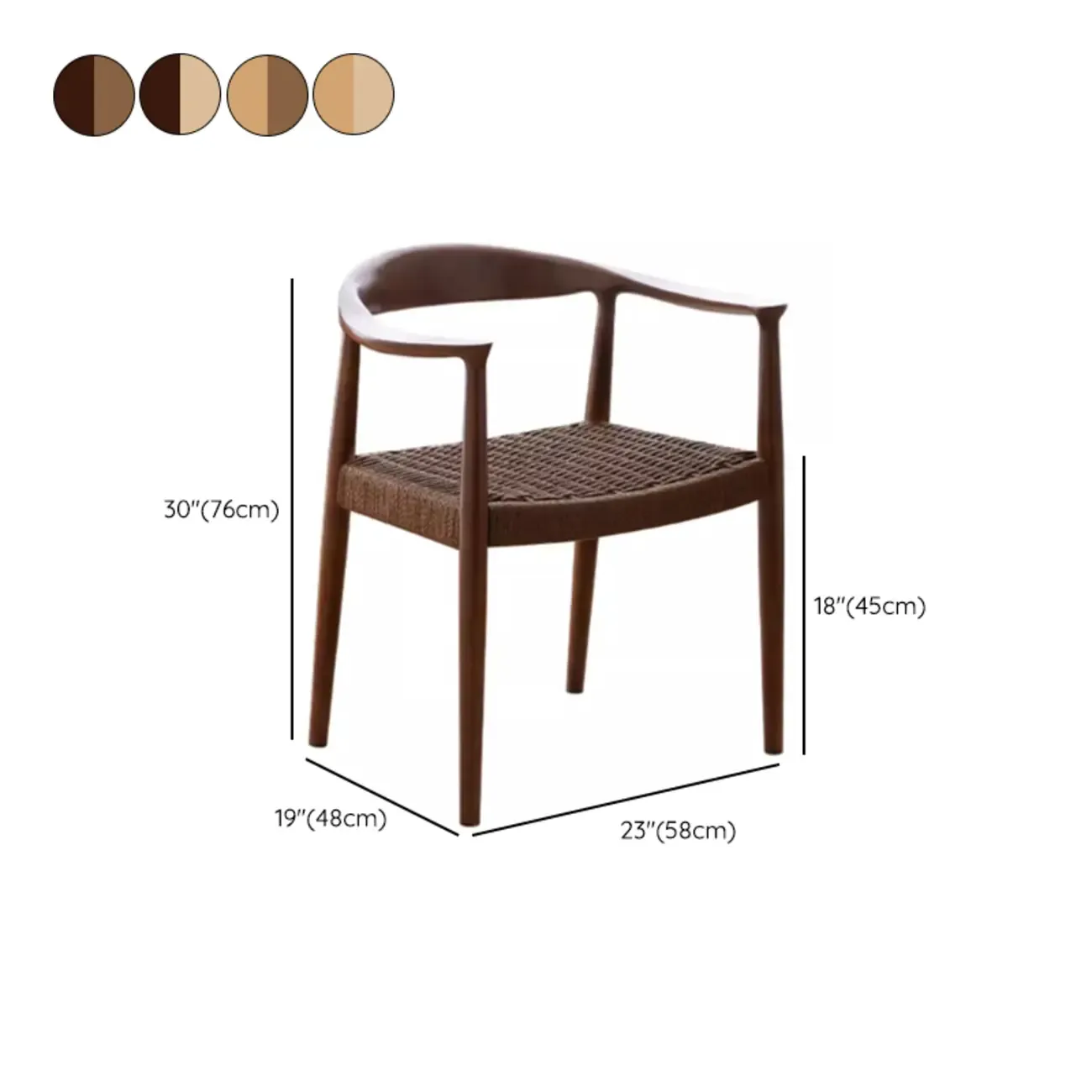 Modern Rustic Curved Arm Wooden Dining Chair with Woven Seat #size