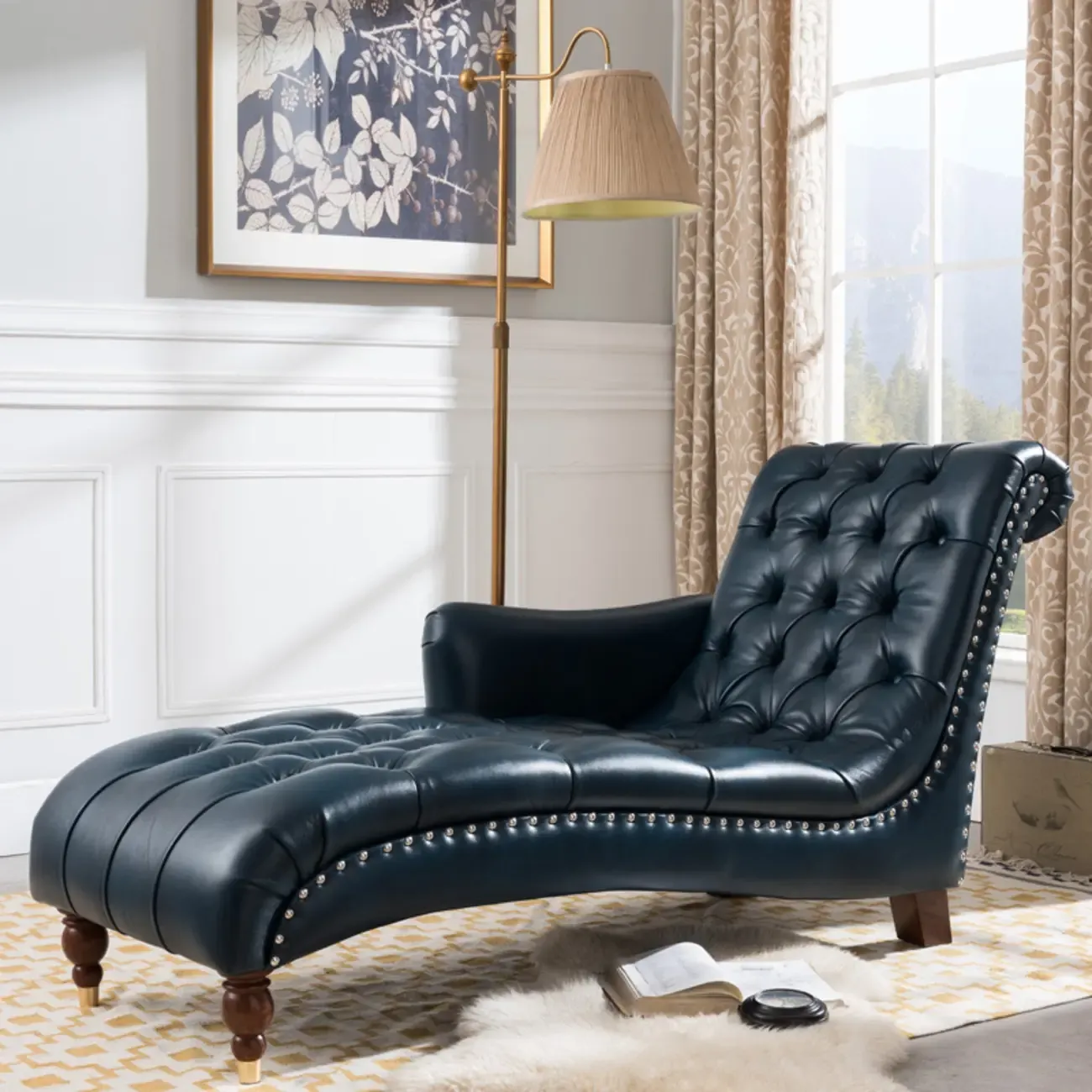 Faux Leather Right Arm Facing Button Tufted Chaise Lounge with Nailhead Trim Image - 1