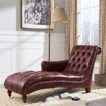 Faux Leather Right Arm Facing Button Tufted Chaise Lounge with Nailhead Trim Image - 2