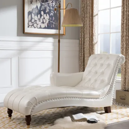 Faux Leather Right Arm Facing Button Tufted Chaise Lounge with Nailhead Trim Image - 3