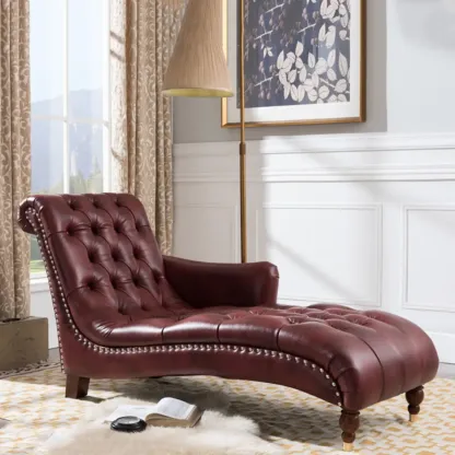 Faux Leather Right Arm Facing Button Tufted Chaise Lounge with Nailhead Trim Image - 4