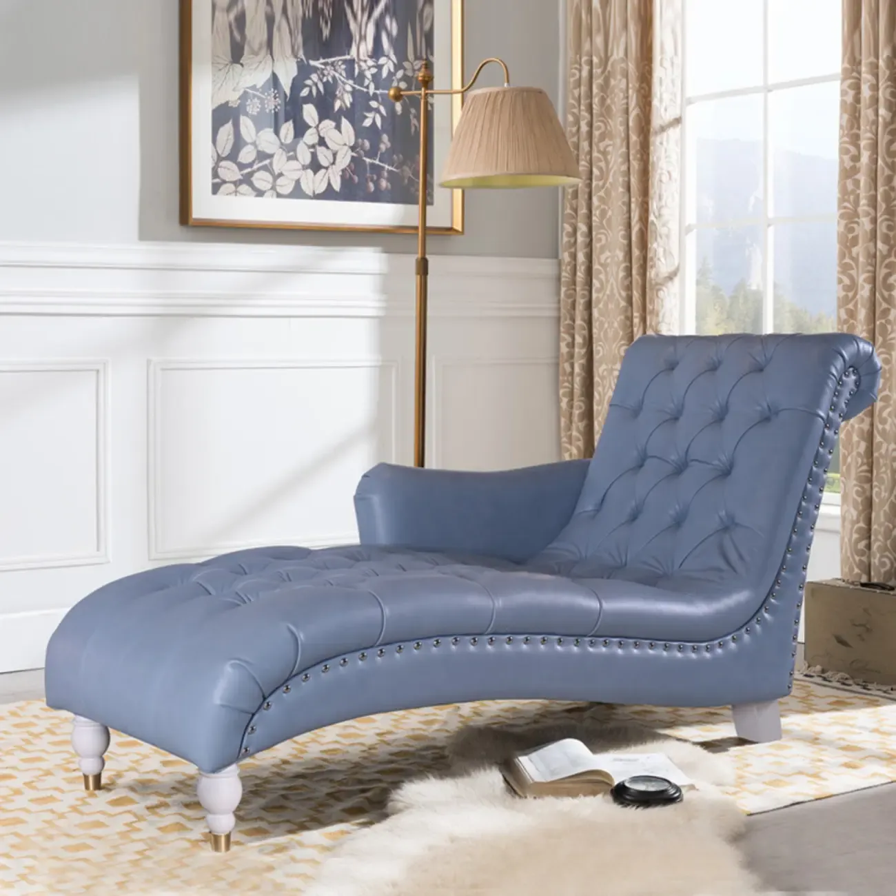 Faux Leather Right Arm Facing Button Tufted Chaise Lounge with Nailhead Trim Image - 5