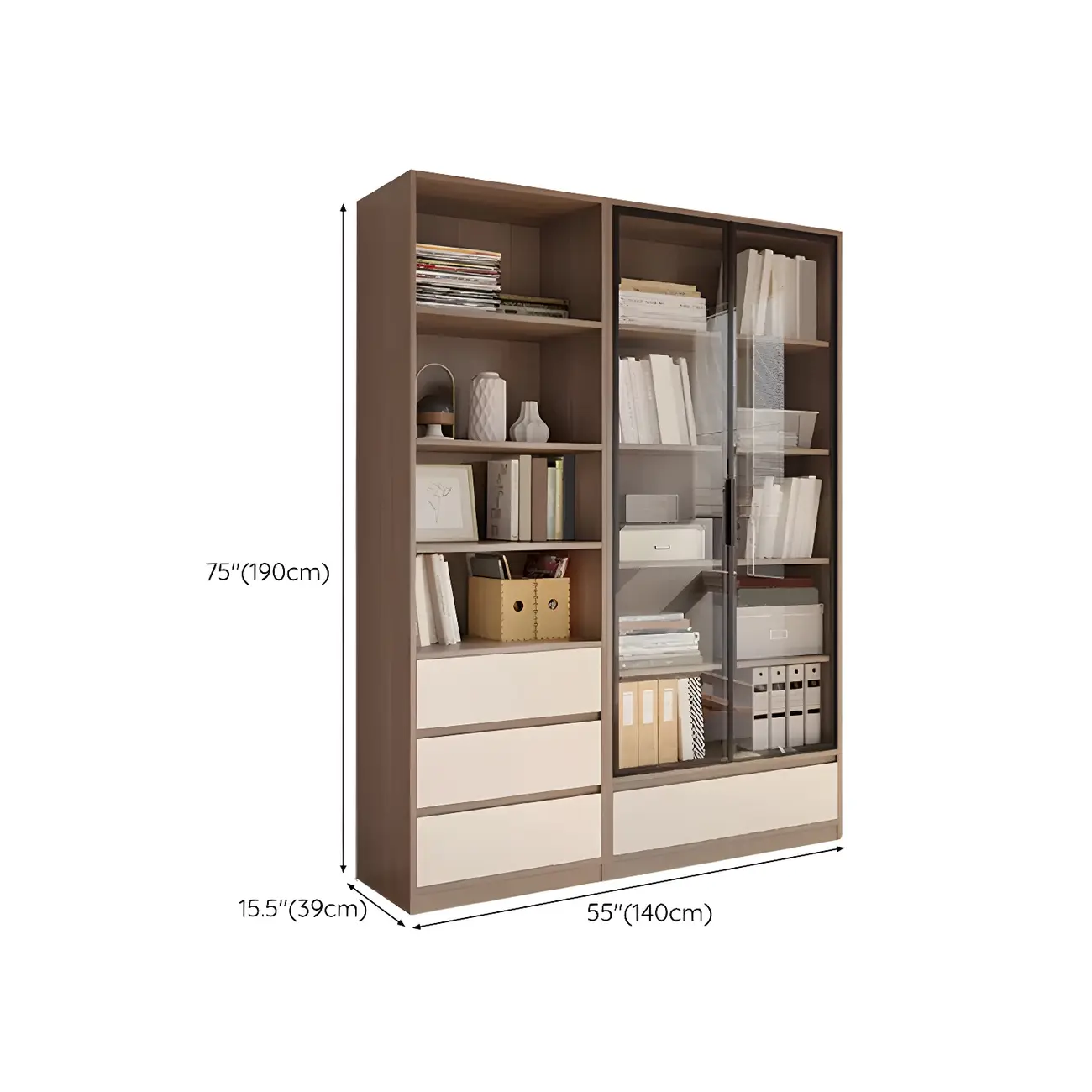 75" Modern Wood Bookshelf with Cabinet and Drawers #size | homeyfad