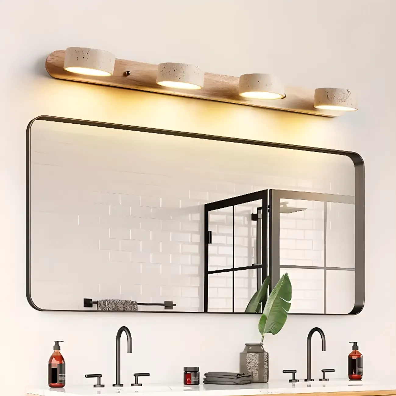 Simplistic Geometric Vanity Wall Light with Beige LampShade Image - 4