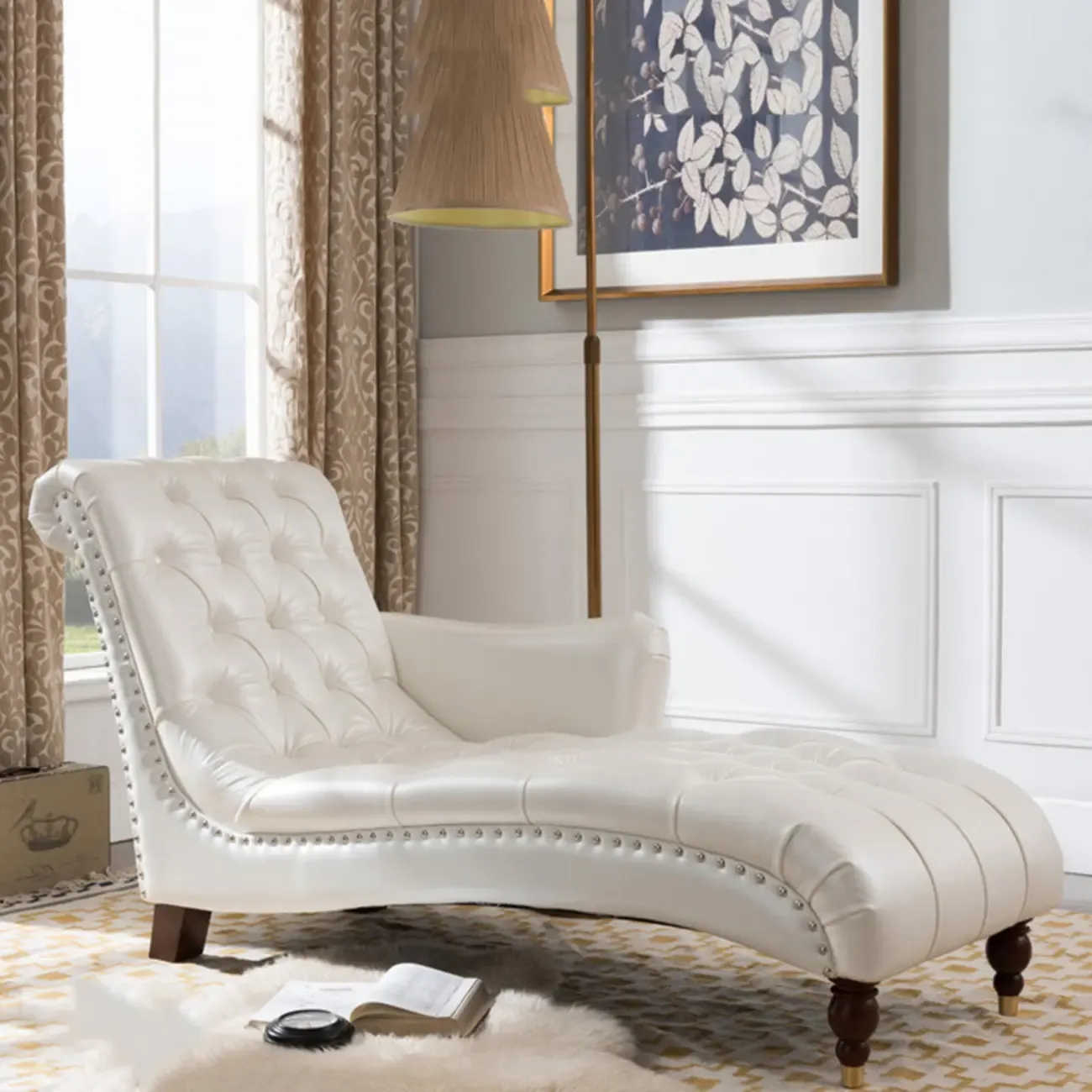 Faux Leather Right Arm Facing Button Tufted Chaise Lounge with Nailhead Trim Image - 6