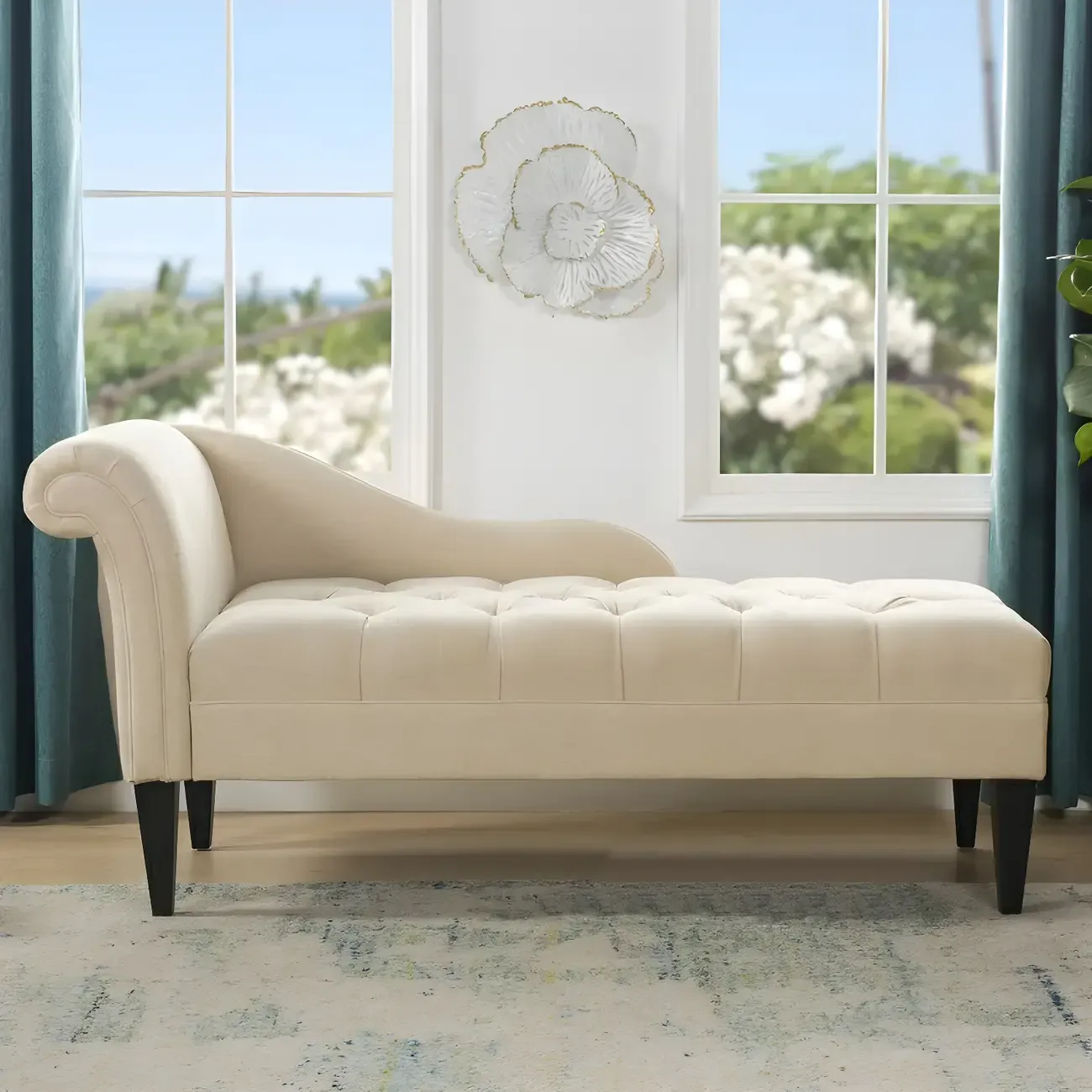 Contemporary Beige Chenille One Arm Facing Tufted Roll Arm Indoor Living Room Chaise Lounge Chair Image - 1