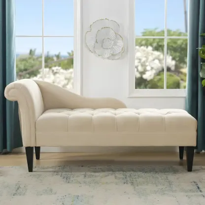 Contemporary Beige Chenille One Arm Facing Tufted Roll Arm Indoor Living Room Chaise Lounge Chair Image - 1