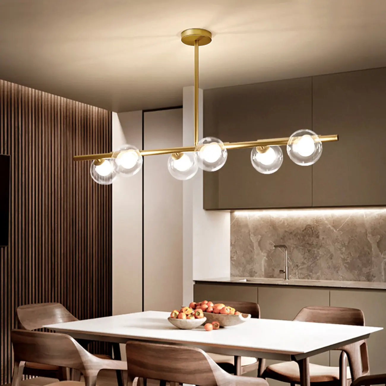 Gold Linear Island Light with 6 Lights Transparent Glass Globe Shades Image - 1 | homeyfad
