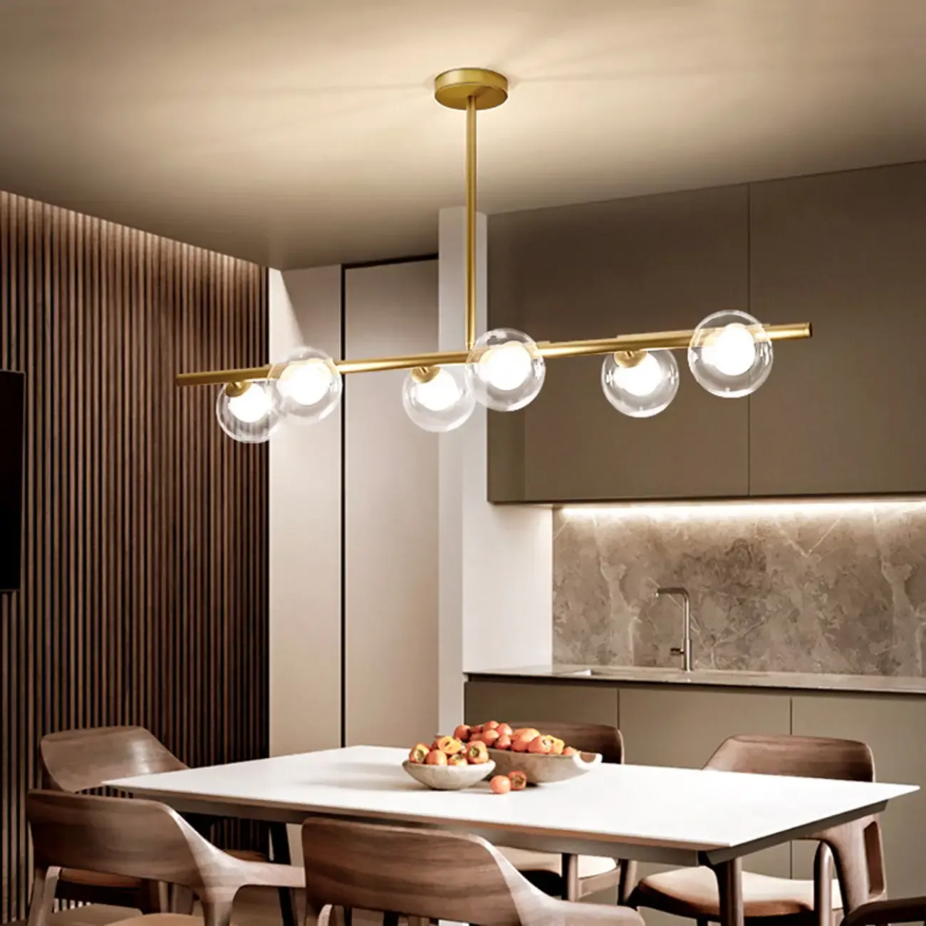Gold Linear Island Light with 6 Lights Transparent Glass Globe Shades Image - 1